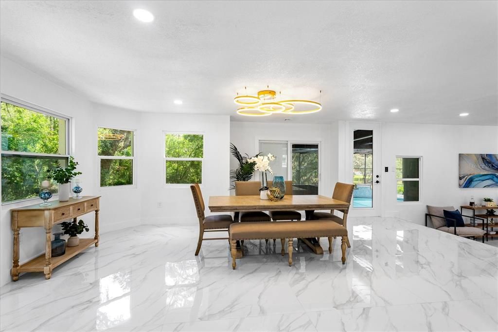 Dining room, Interior, Marble, Pendant Lights, Recessed Lighting