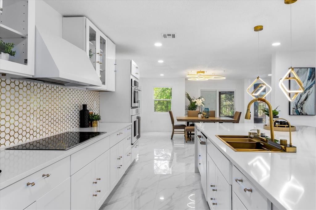 Dining room, Interior, Kitchen, Marble, Pendant Lights, Recessed Lighting, Stainless Steel Appliances