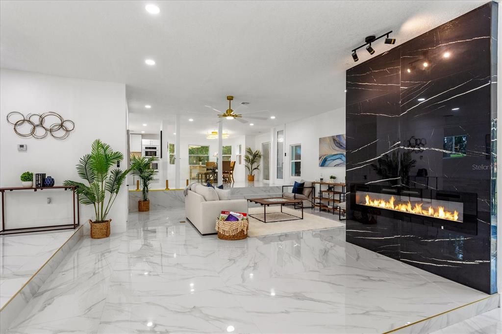 Fireplace, Interior, Living room, Marble, Marble Walls, Recessed Lighting