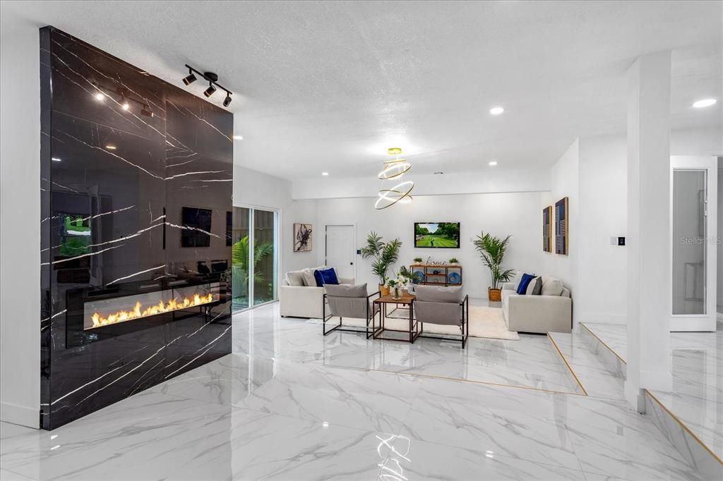 Fireplace, Interior, Living room, Marble, Marble Walls, Pendant Lights, Recessed Lighting