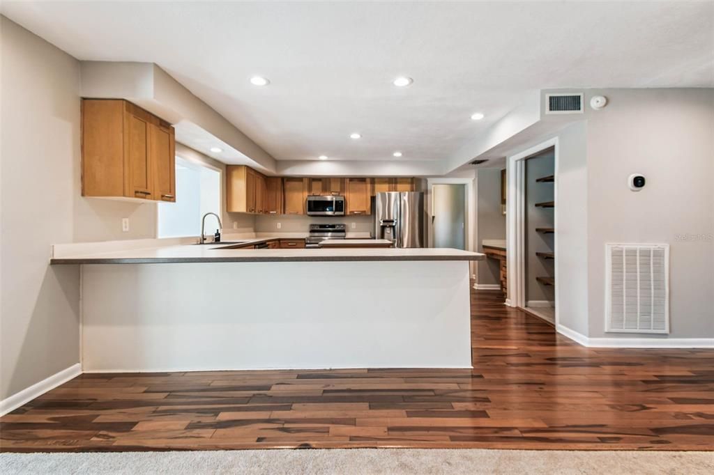 Interior, Kitchen, Recessed Lighting, Stainless Steel Appliances, Wood Texture Flooring