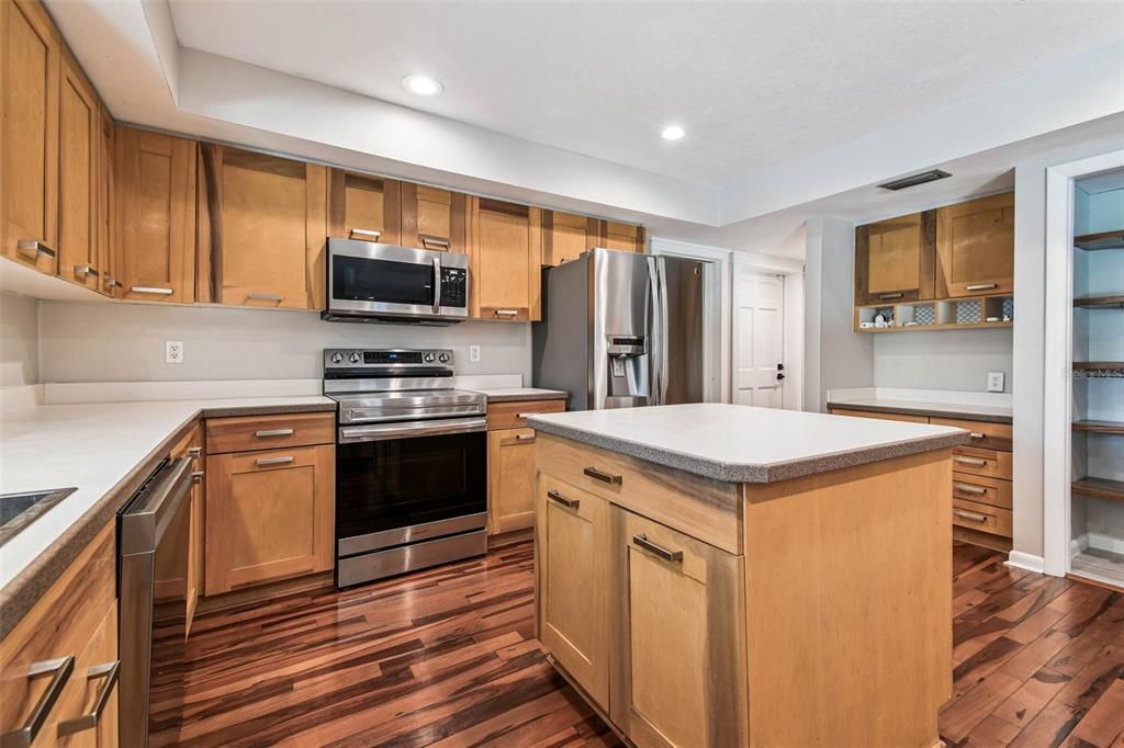 Interior, Kitchen, Recessed Lighting, Stainless Steel Appliances, Wood Texture Flooring