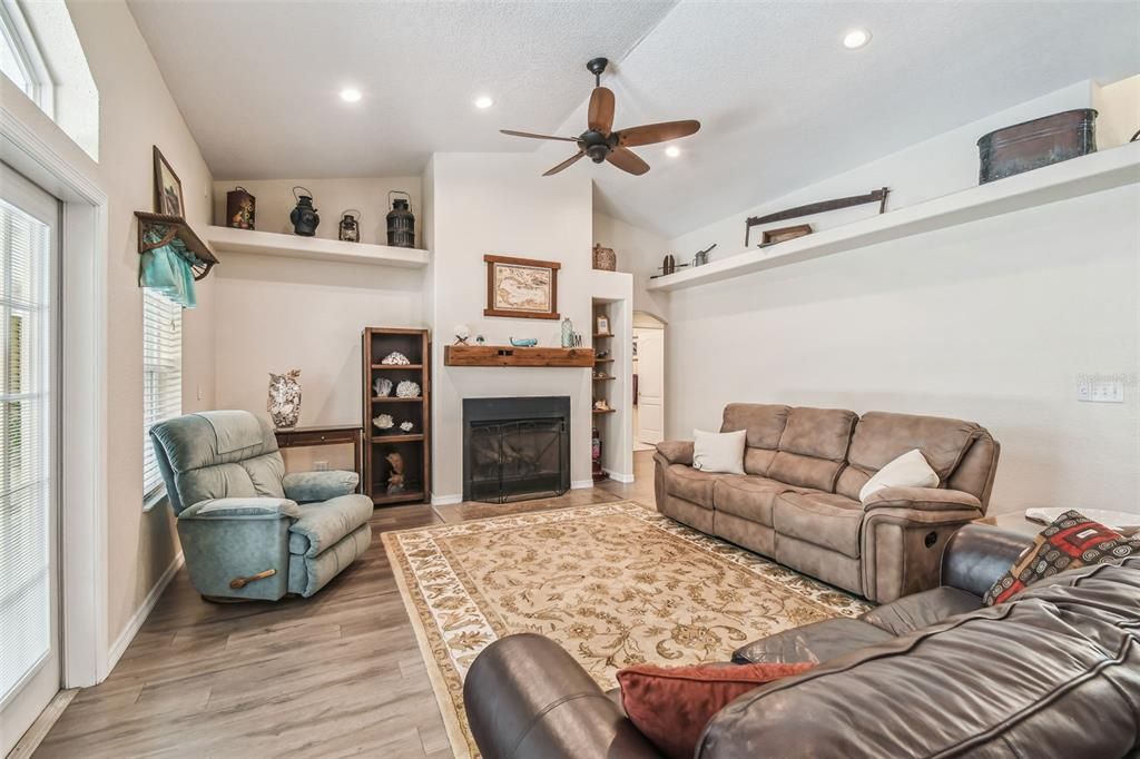 Fireplace, Interior, Living room, Recessed Lighting, Wood Texture Flooring