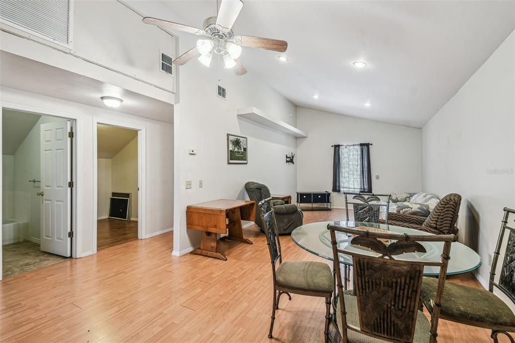 Dining room, Interior, Recessed Lighting, Wood Texture Flooring