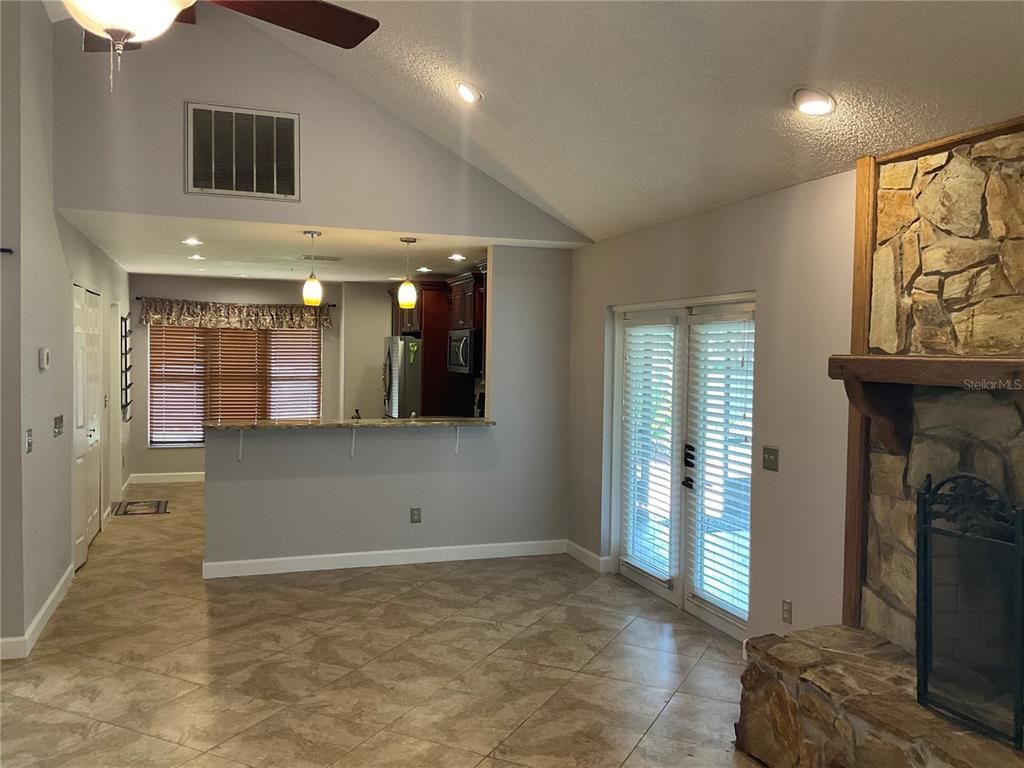 Fireplace, Interior, Pendant Lights, Recessed Lighting, Stone Walls