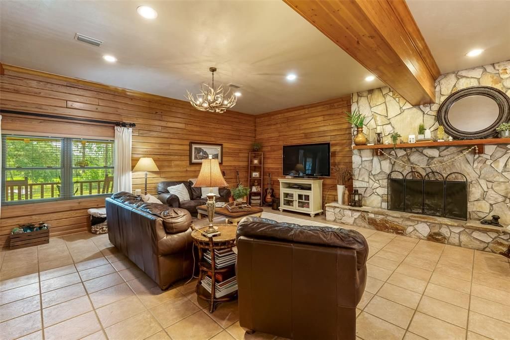 Fireplace, Interior, Living room, Recessed Lighting, Wooden Beams, Wooden Walls