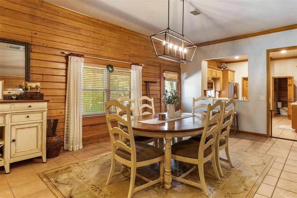 Dining room, Interior, Kitchen, Pendant Lights, Recessed Lighting, Wooden Walls