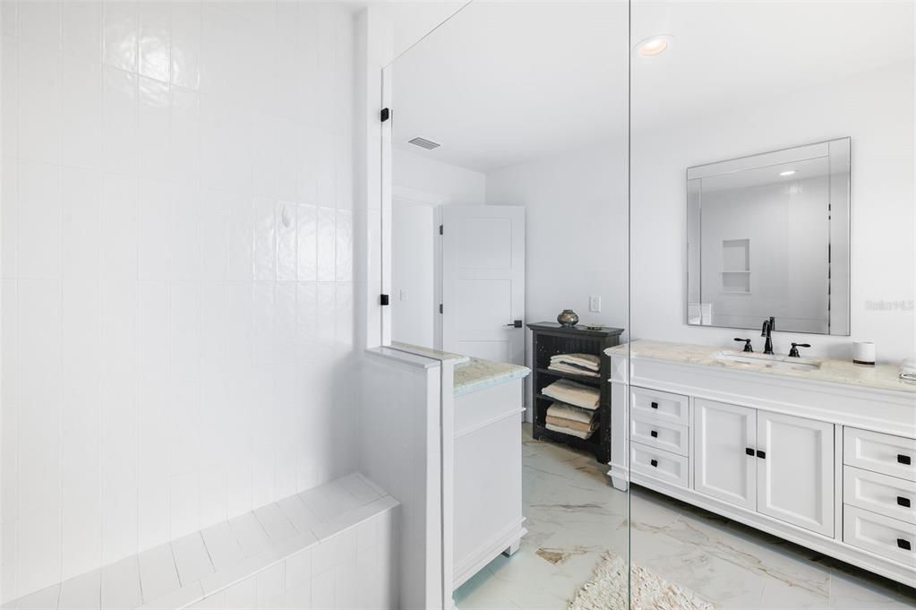 Bathroom, Dual Sink Vanities, Interior, Marble, Recessed Lighting