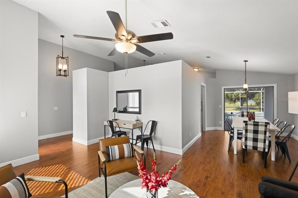 Dining room, Interior, Pendant Lights, Wood Texture Flooring
