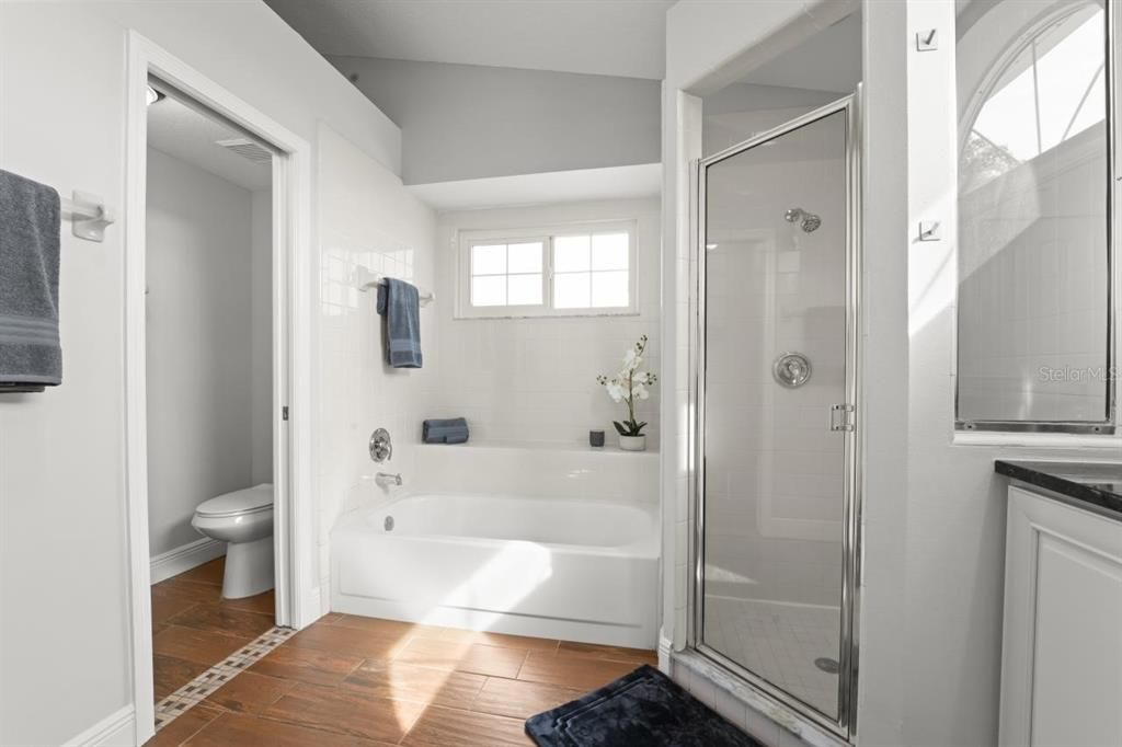 Bathroom, Glass Shower, Interior, Wood Texture Flooring