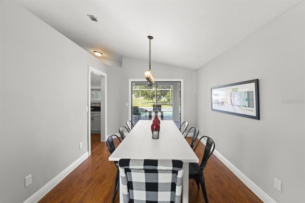 Dining room, Interior, Pendant Lights, Wood Texture Flooring