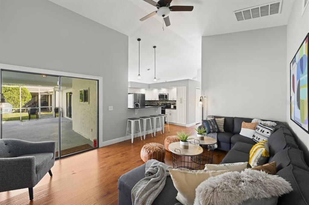 Interior, Kitchen, Living room, Pendant Lights, Stainless Steel Appliances, Wood Texture Flooring