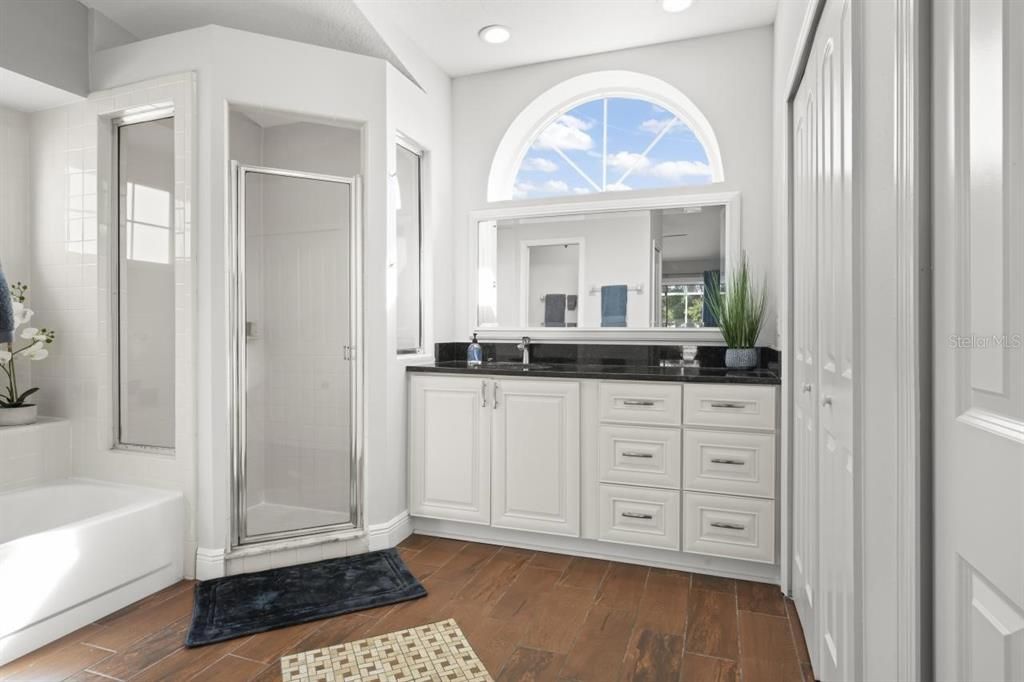 Bathroom, Glass Shower, Interior, Recessed Lighting, Wood Texture Flooring