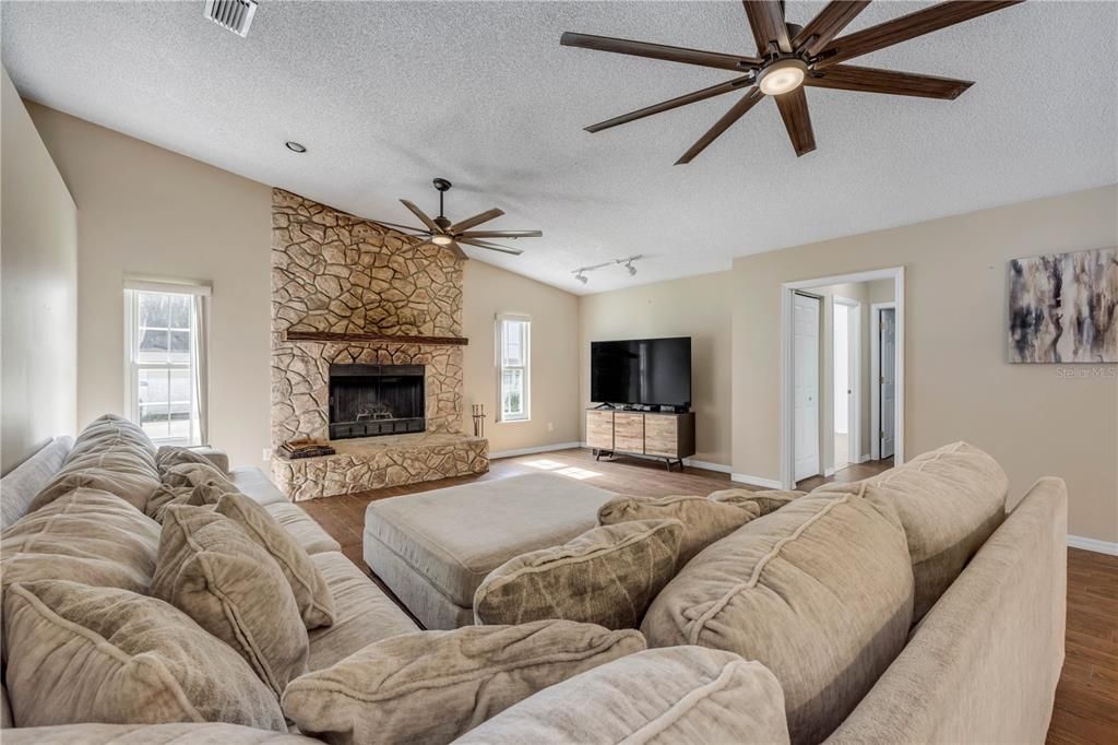 Fireplace, Interior, Living room, Stone Walls, Wood Texture Flooring