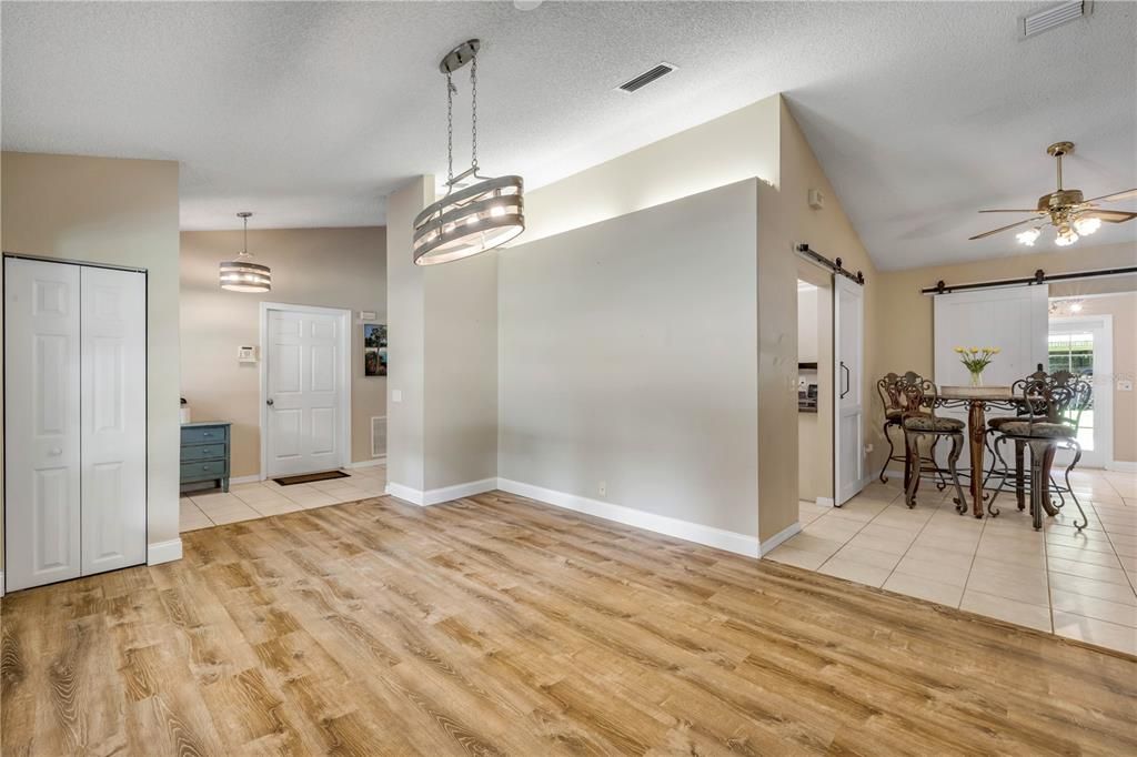 Empty room, Interior, Kitchen, Pendant Lights, Wood Texture Flooring