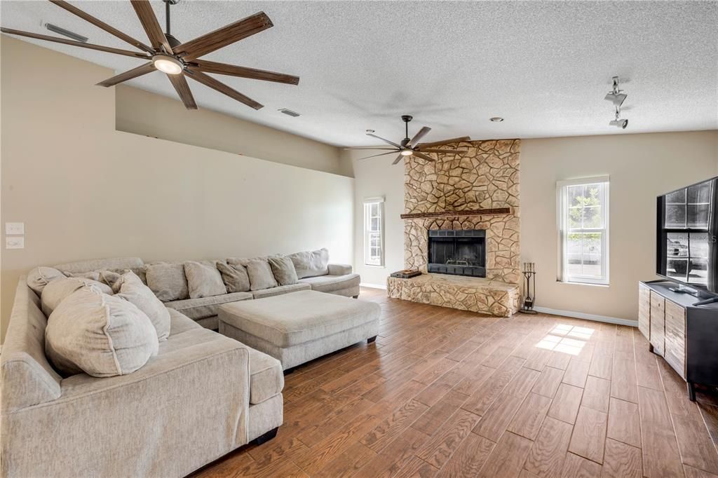 Fireplace, Interior, Living room, Stone Walls, Wood Texture Flooring