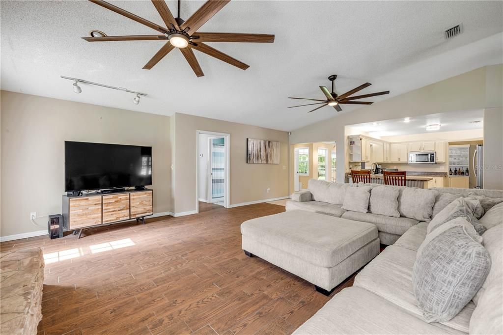 Interior, Kitchen, Living room, Stainless Steel Appliances, Wood Texture Flooring