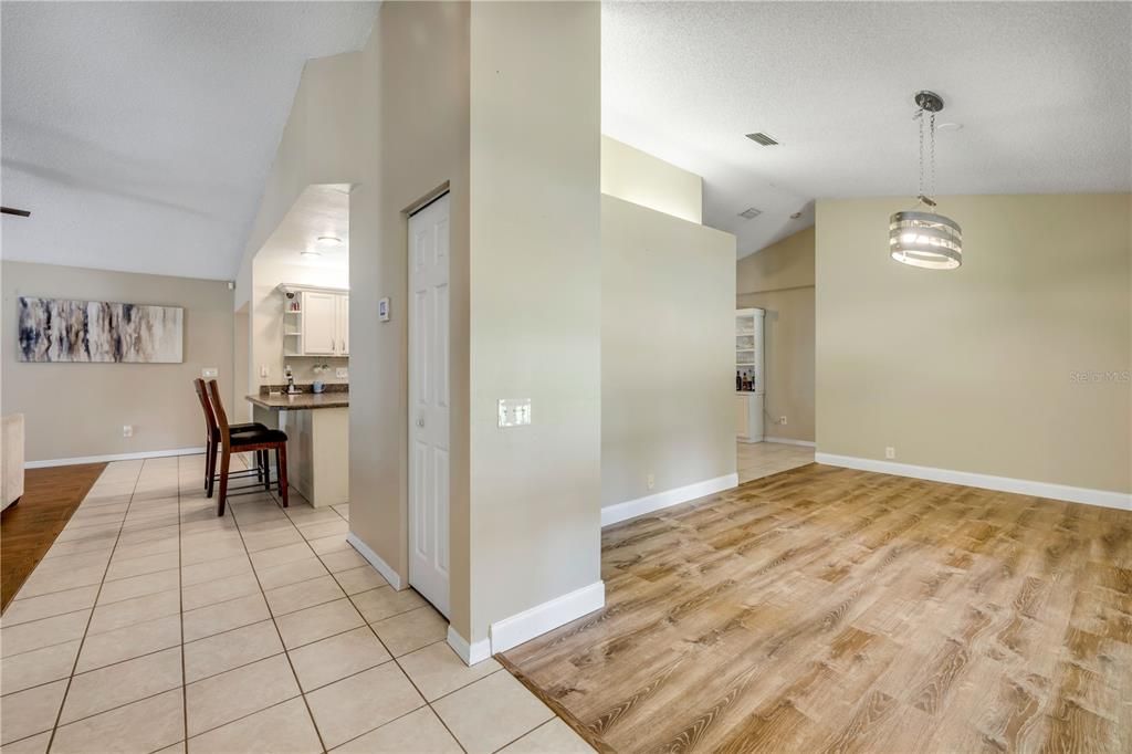 Dining room, Interior, Pendant Lights, Wood Texture Flooring