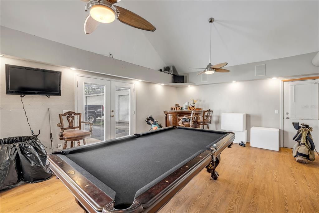 Billiard Table, Game Room, Interior, Recessed Lighting, Wood Texture Flooring