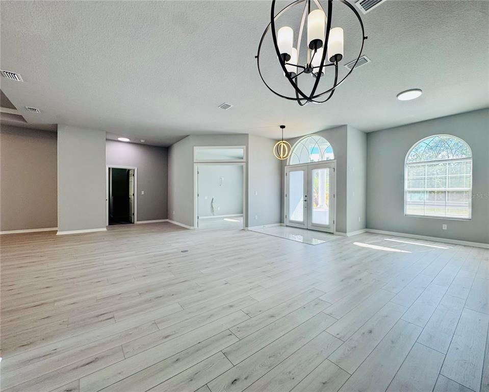 Chandelier, Empty room, Interior, Recessed Lighting, Wood Texture Flooring
