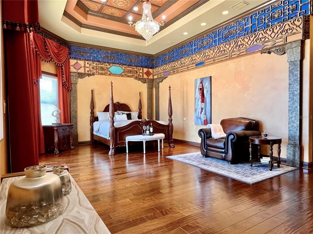 Bedroom, Chandelier, Interior, Recessed Lighting, Wood Texture Flooring