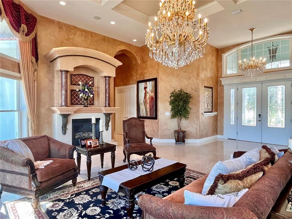 Chandelier, Fireplace, Interior, Living room, Recessed Lighting