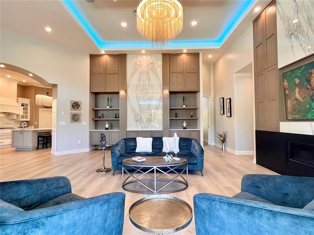 Chandelier, Interior, Kitchen, Living room, Marble Walls, Recessed Lighting, Wood Texture Flooring