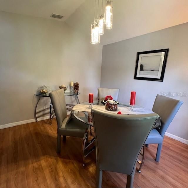 Dining room, Interior, Pendant Lights, Wood Texture Flooring