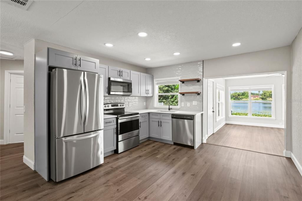 Interior, Kitchen, Recessed Lighting, Stainless Steel Appliances, Wood Texture Flooring