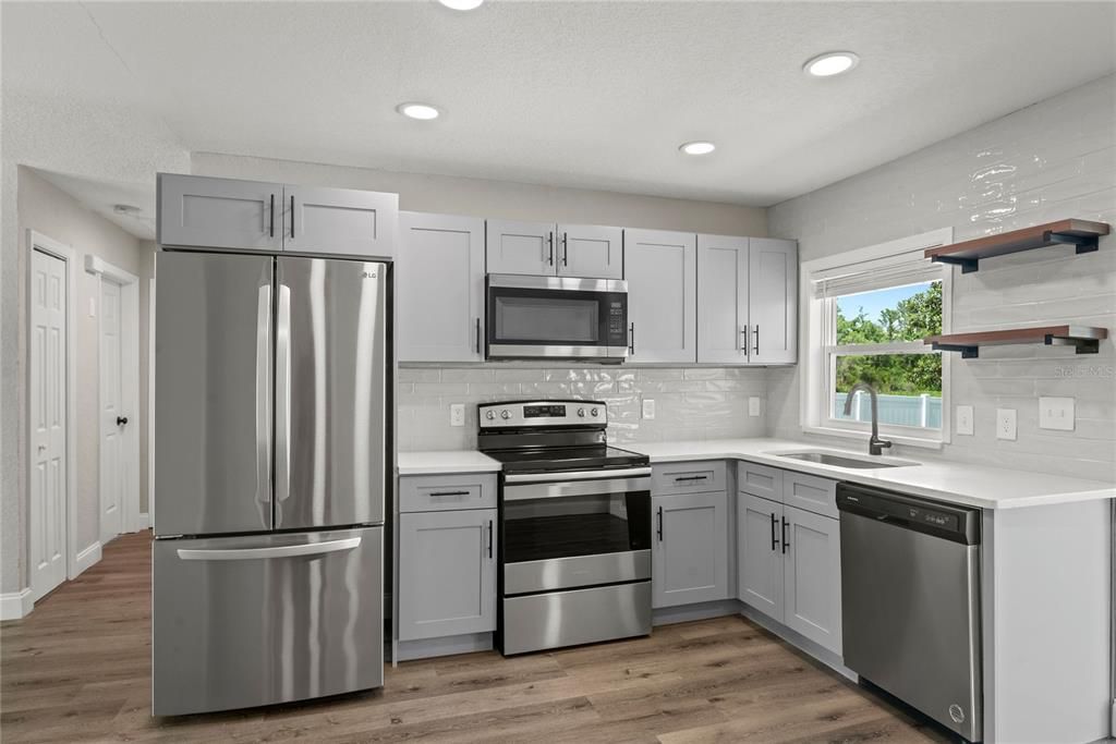 Interior, Kitchen, Recessed Lighting, Stainless Steel Appliances, Wood Texture Flooring