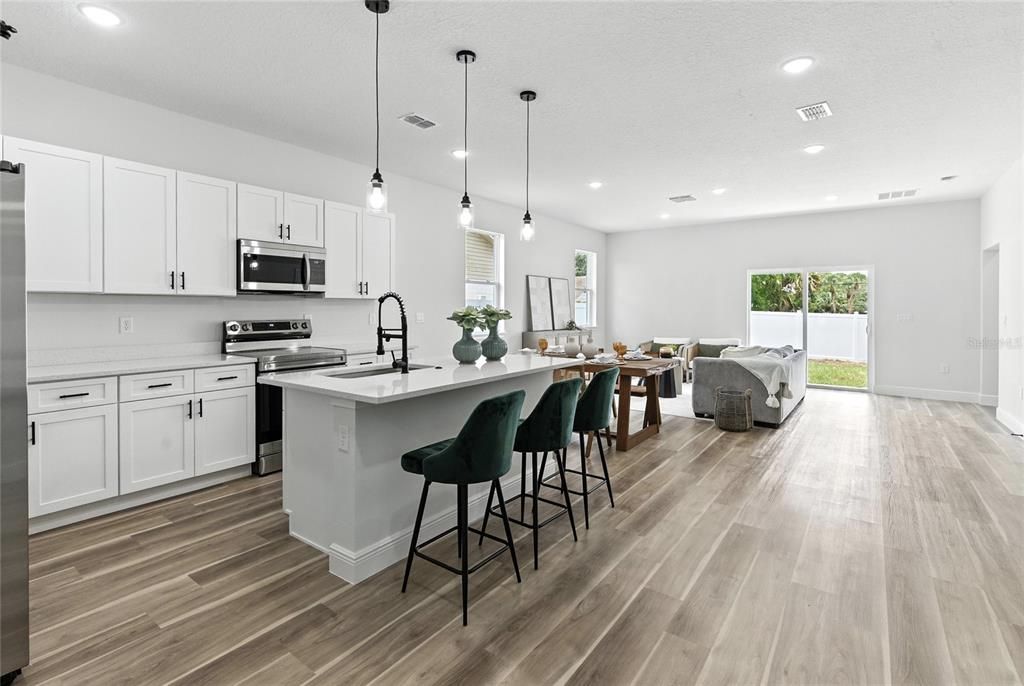 Interior, Kitchen, Living room, Pendant Lights, Recessed Lighting, Stainless Steel Appliances, Wood Texture Flooring