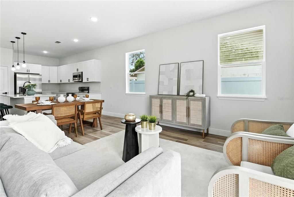 Dining room, Interior, Kitchen, Living room, Pendant Lights, Recessed Lighting, Stainless Steel Appliances, Wood Texture Flooring