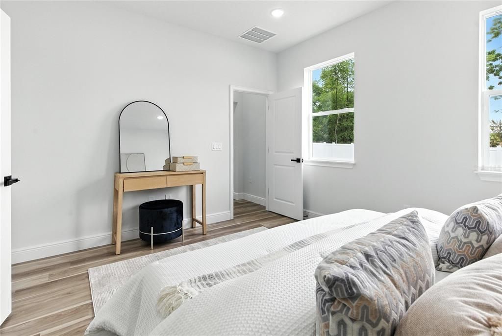 Bedroom, Fireplace, Interior, Recessed Lighting, Wood Texture Flooring