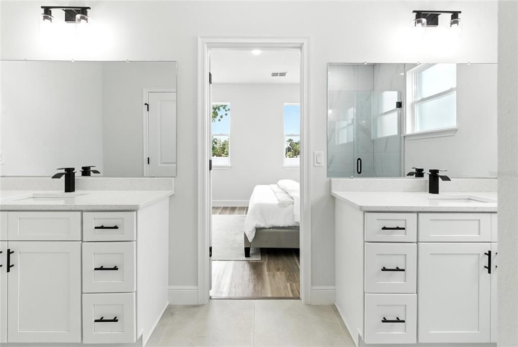 Bathroom, Bedroom, Dual Sink Vanities, Glass Shower, Interior, Wood Texture Flooring