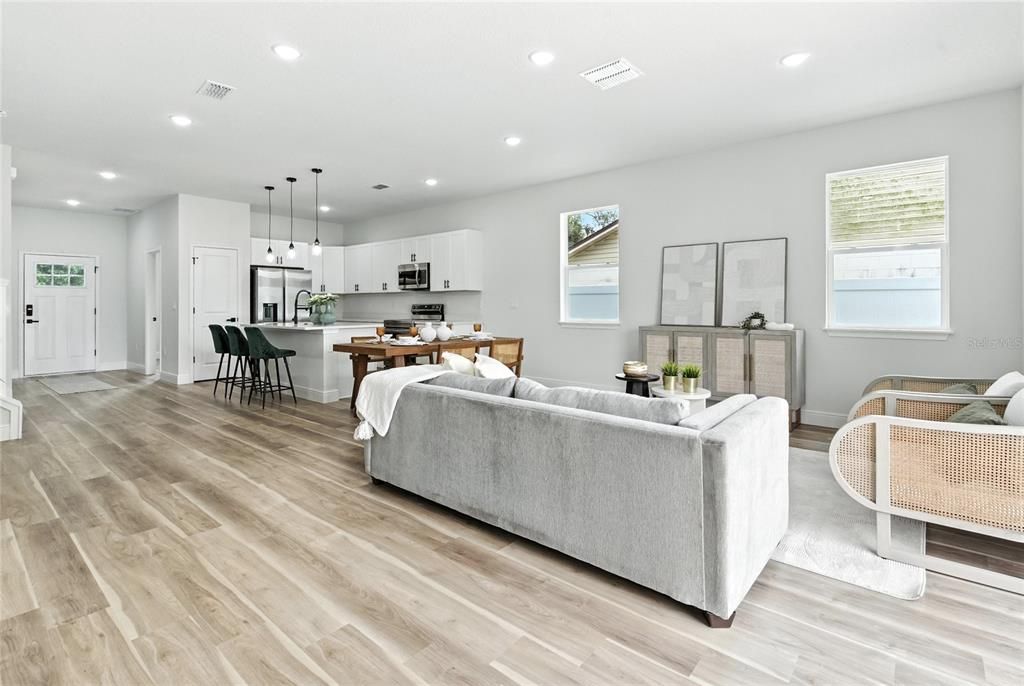 Dining room, Interior, Kitchen, Living room, Pendant Lights, Recessed Lighting, Stainless Steel Appliances, Wood Texture Flooring