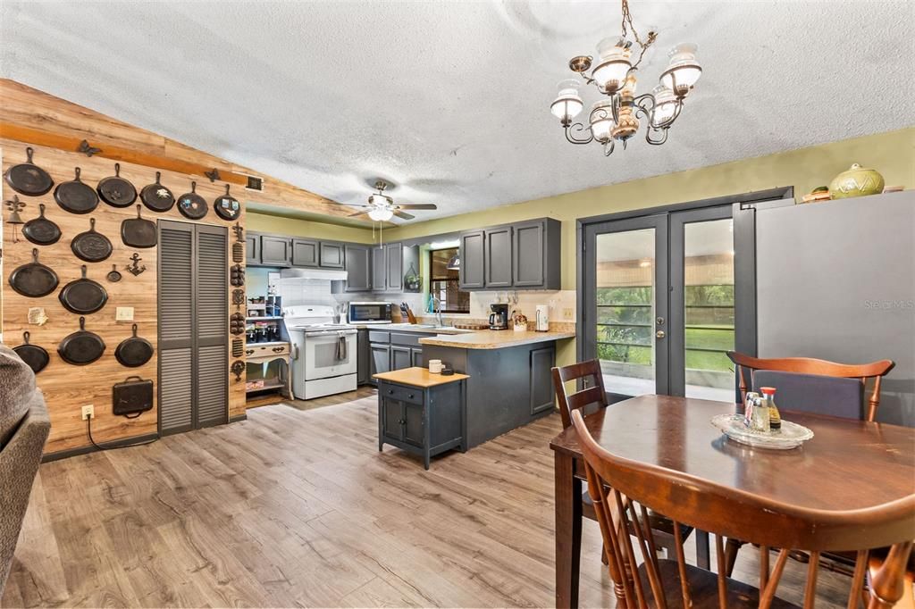 Chandelier, Dining room, Interior, Kitchen, Stainless Steel Appliances, Wood Texture Flooring