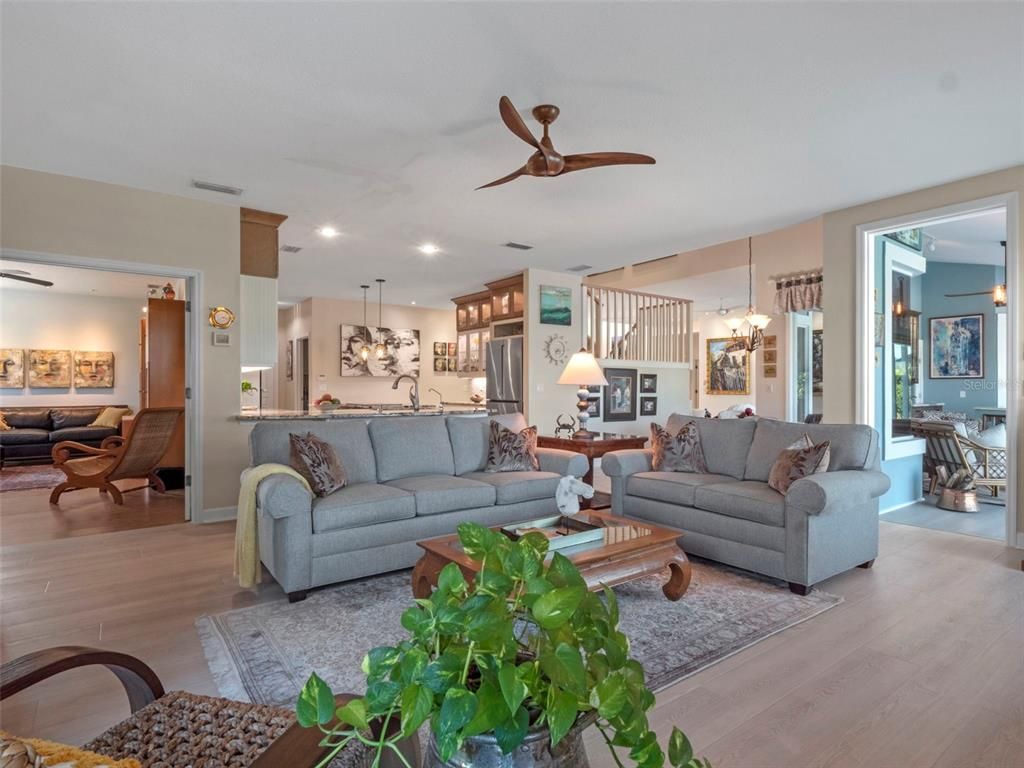 Dining room, Interior, Kitchen, Living room, Pendant Lights, Recessed Lighting, Stainless Steel Appliances, Wood Texture Flooring