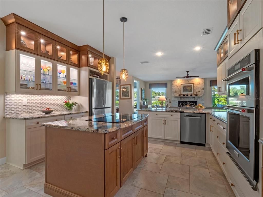 Interior, Kitchen, Pendant Lights, Recessed Lighting, Stainless Steel Appliances, Stone Walls
