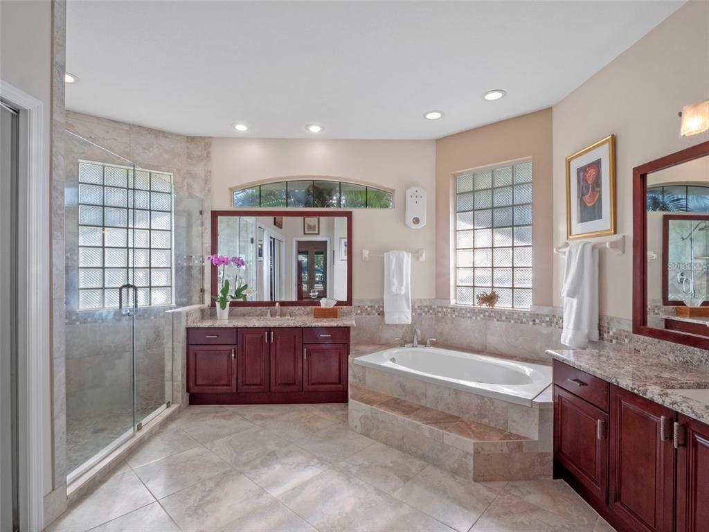 Bathroom, Dual Sink Vanities, Glass Shower, Interior, Recessed Lighting