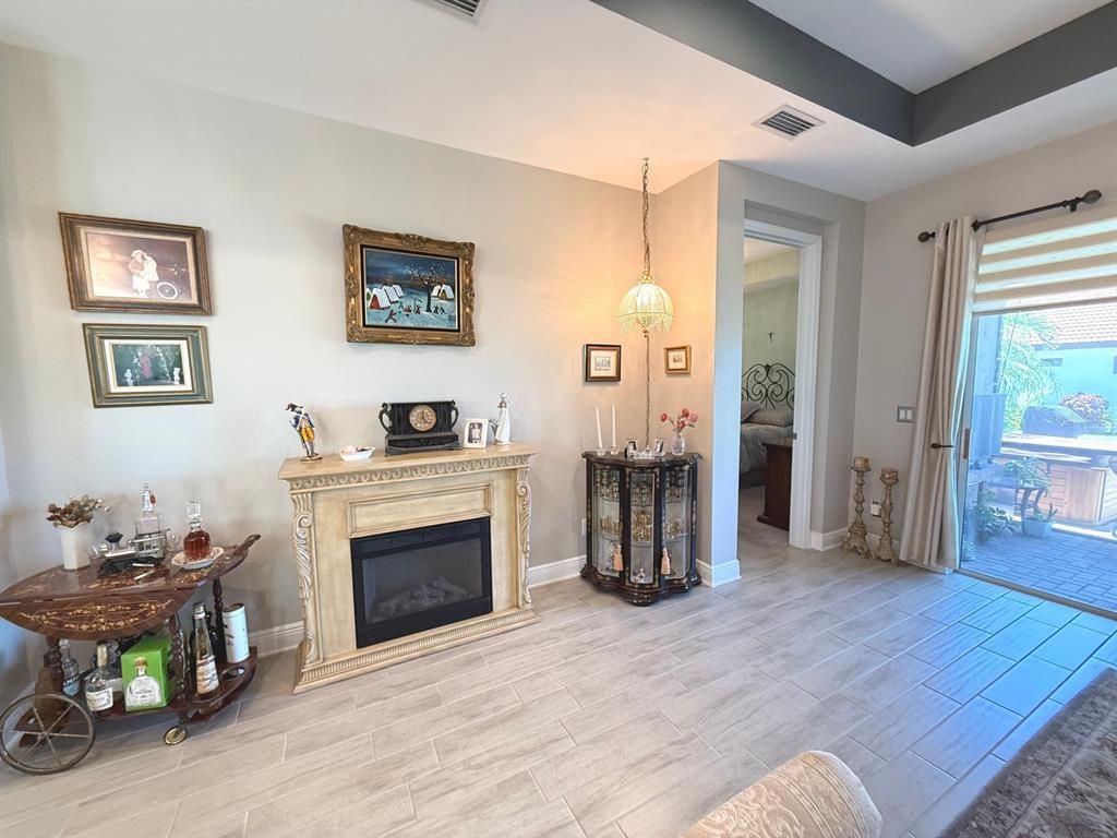Fireplace, Interior, Pendant Lights, Wood Texture Flooring