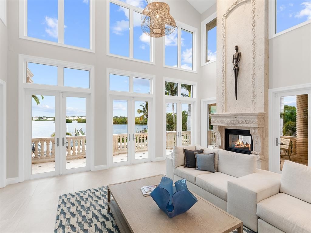 Fireplace, Interior, Living room, Pendant Lights, Water