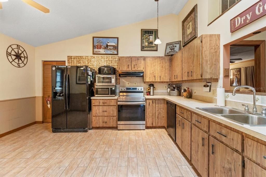 Interior, Kitchen, Pendant Lights, Stainless Steel Appliances, Wood Texture Flooring