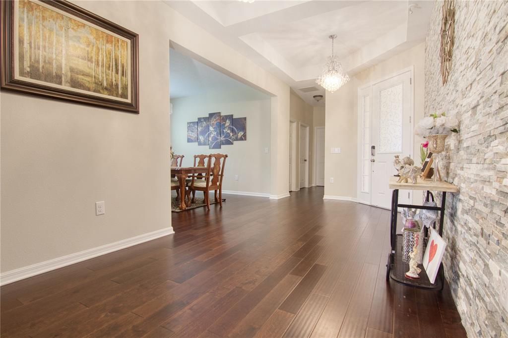 Chandelier, Dining room, Interior, Stone Walls, Wood Texture Flooring