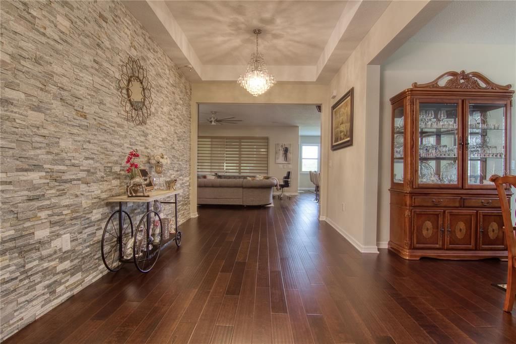 Chandelier, Interior, Living room, Stone Walls, Wood Texture Flooring