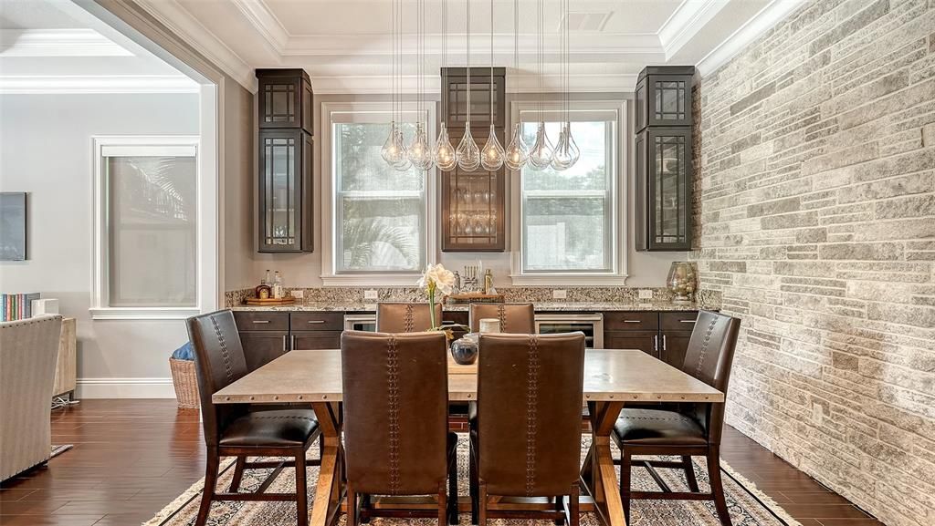 Dining room, Interior, Pendant Lights, Stone Walls, Wood Texture Flooring
