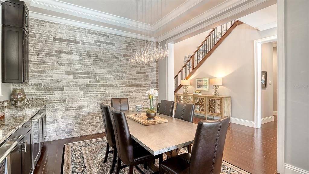 Chandelier, Dining room, Interior, Pendant Lights, Stone Walls, Wood Texture Flooring