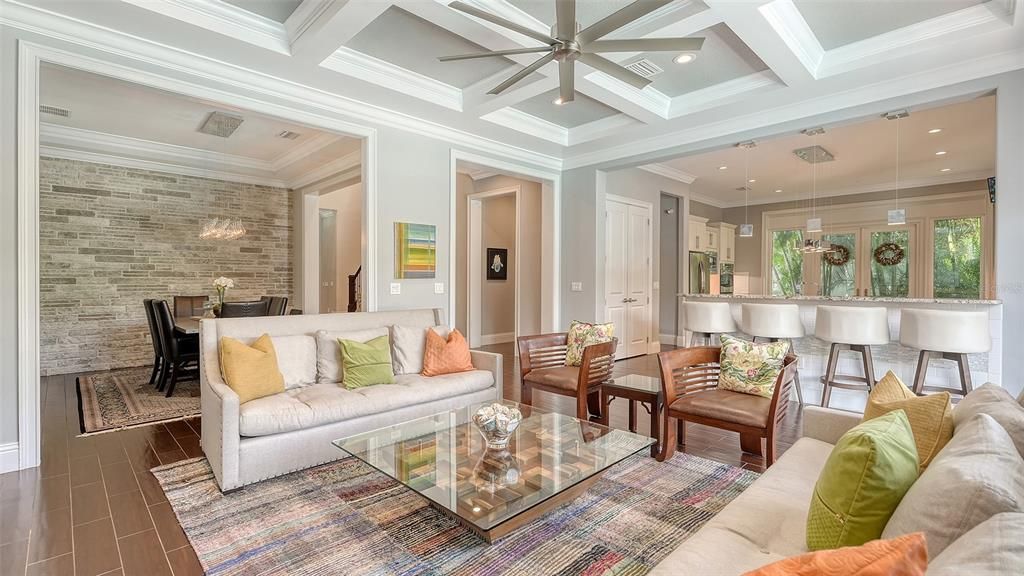 Dining room, Interior, Living room, Pendant Lights, Recessed Lighting, Stone Walls, Wood Texture Flooring
