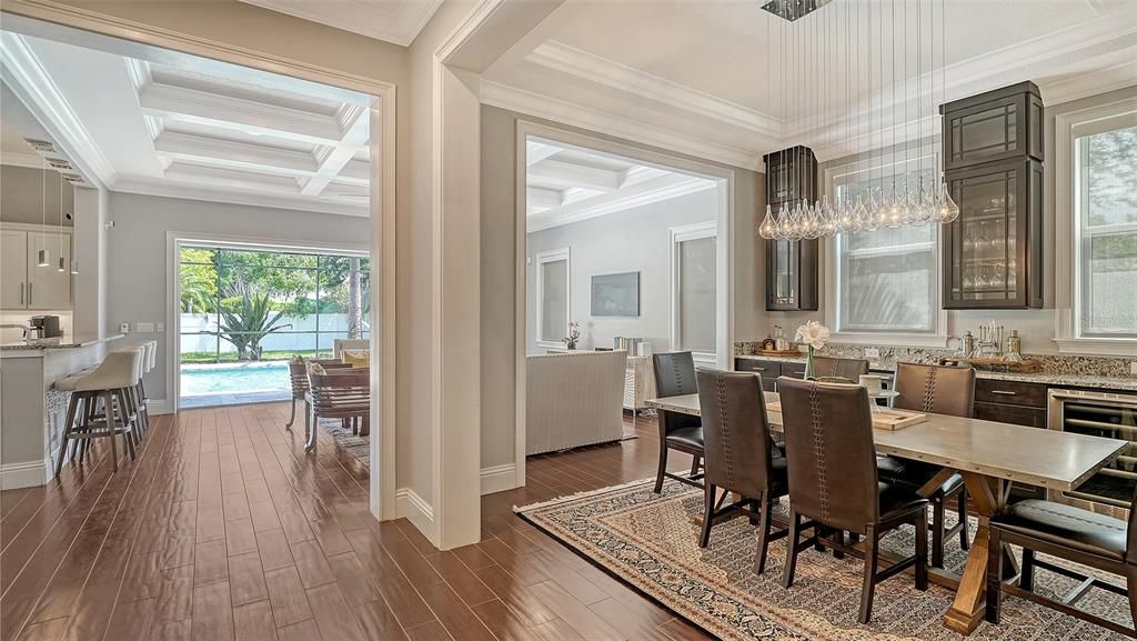 Dining room, Interior, Pendant Lights, Wood Texture Flooring