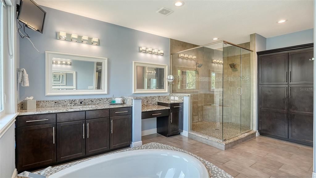 Bathroom, Dual Sink Vanities, Glass Shower, Interior, Recessed Lighting