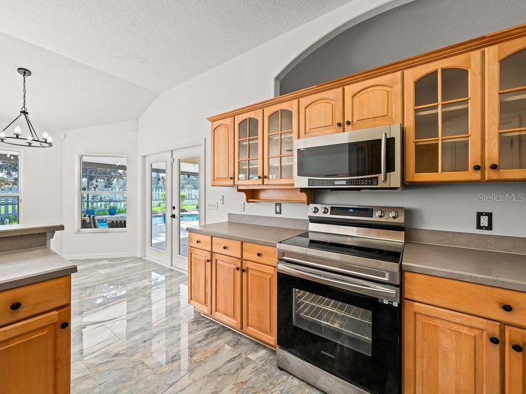 Interior, Kitchen, Marble, Pendant Lights, Stainless Steel Appliances